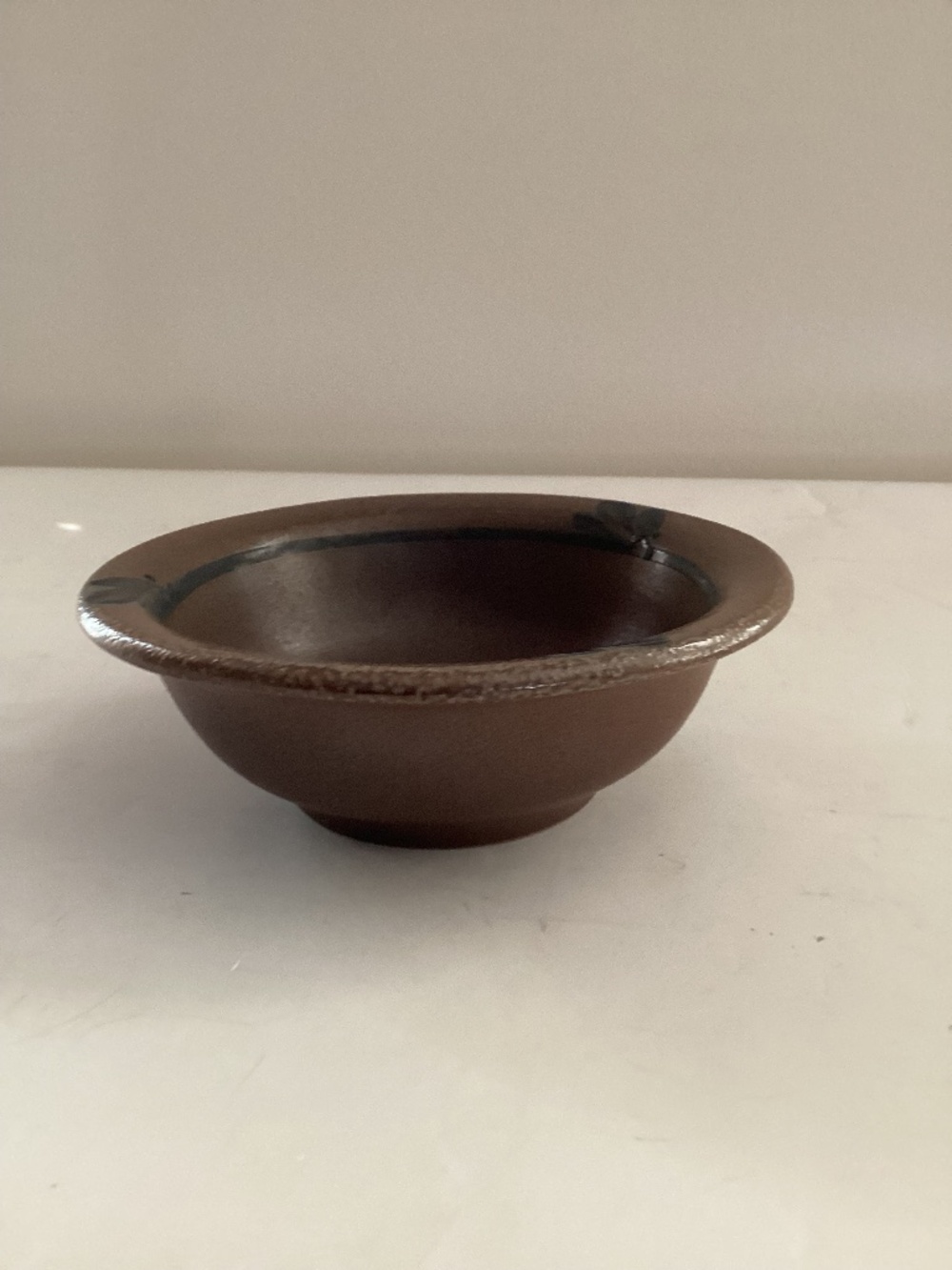 Rowe Pottery SaltGlaze Condiment Dish in Brown with Blue Leaf Trim